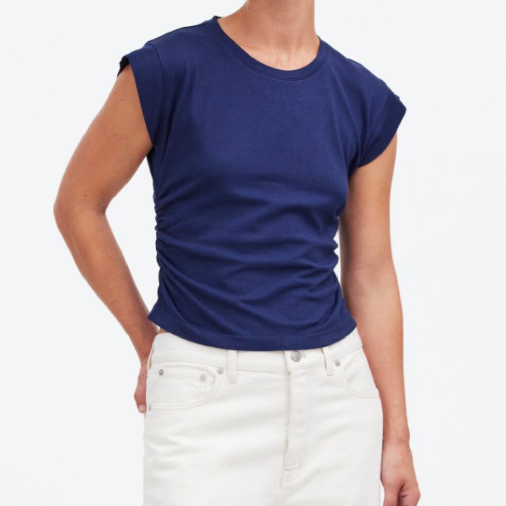 Madewell Top Womens Side-Cinch Muscle Tee Cap Sleeves Slim Fit Blue Size XXS NEW